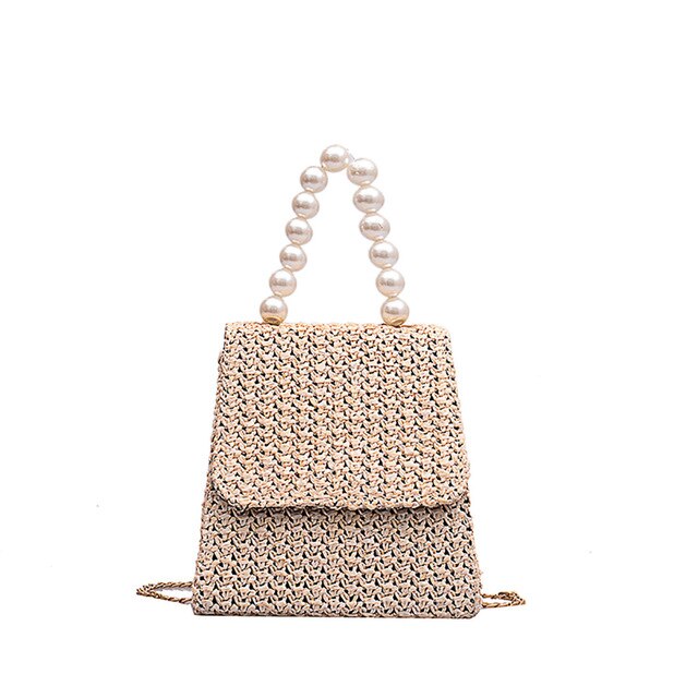 WHITE STROW PEARL STRAP DETAILED HANDBAG