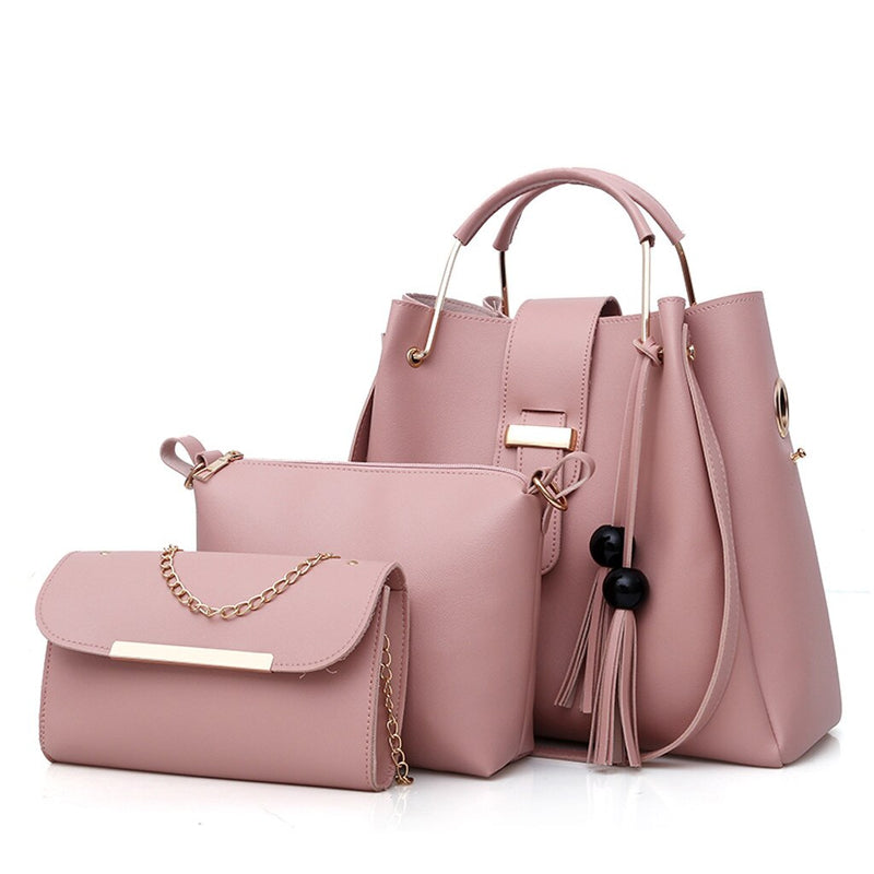 3PCS PU LEATHER POWDER PINK BAG SET