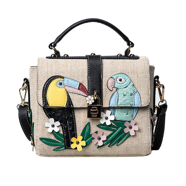 TWO PARROT PRINTED HANDBAG