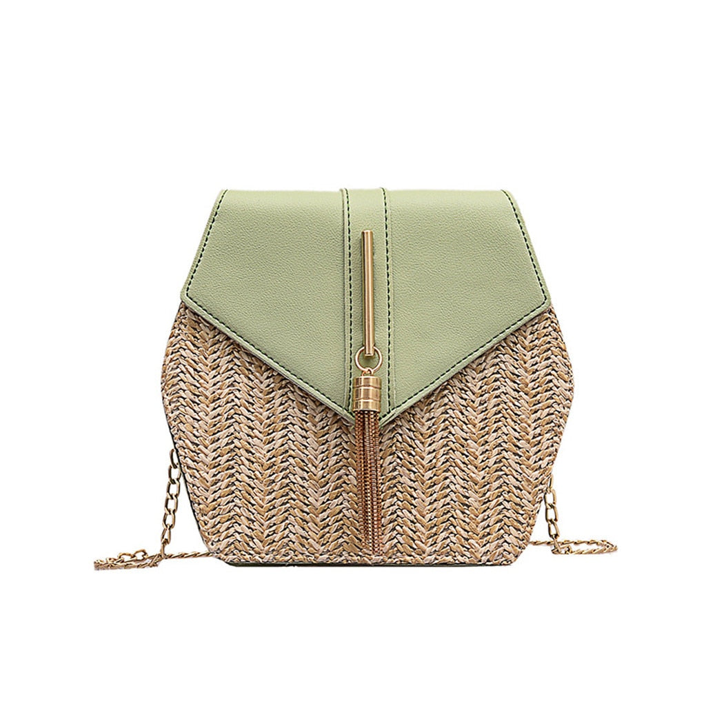 GREEN FLAP DETAILED STRAW SHOULDER BAG