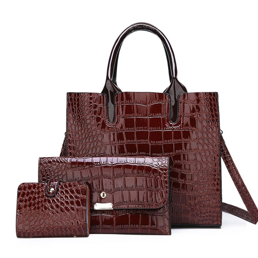 3PCS BURGUNDY CROCODILE PATTERNED BAG SET