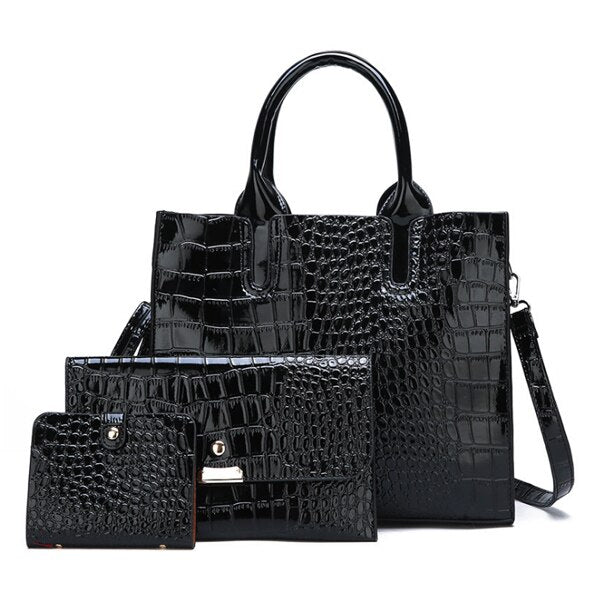 3PCS BURGUNDY CROCODILE PATTERNED BAG SET