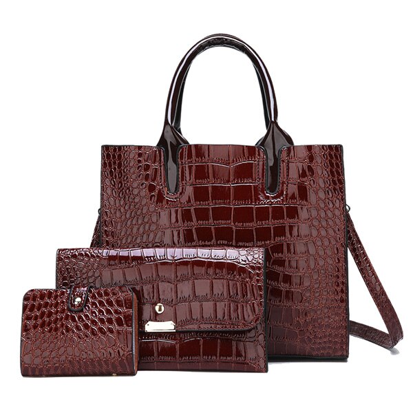 3PCS BURGUNDY CROCODILE PATTERNED BAG SET