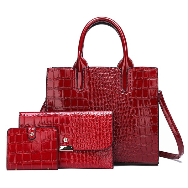 3PCS BURGUNDY CROCODILE PATTERNED BAG SET