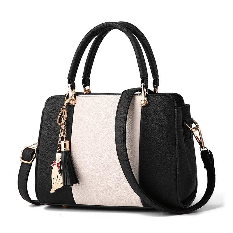 CUTE CAT TASSED DETAILED B&W HANDBAG