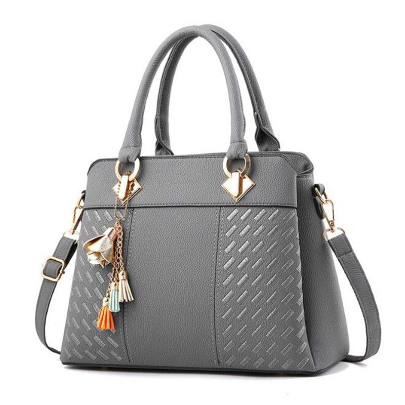 GREY FLORAL TASSEL DETAILED HANDBAG