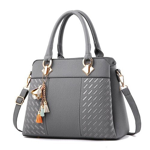 GREY FLORAL TASSEL DETAILED HANDBAG