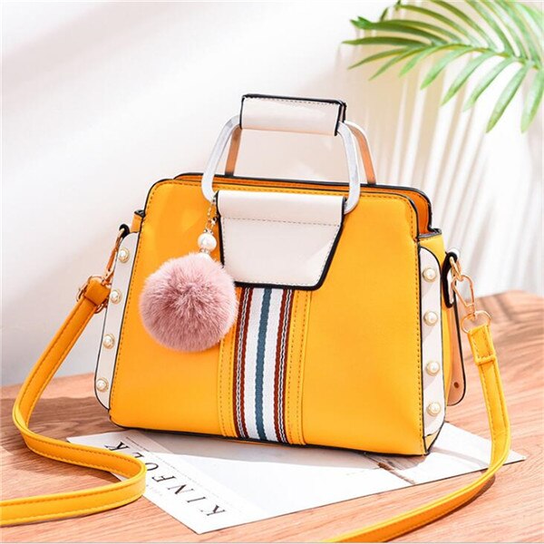 FUR BALL PENDANT DETAILED COLORFUL HANDBAG