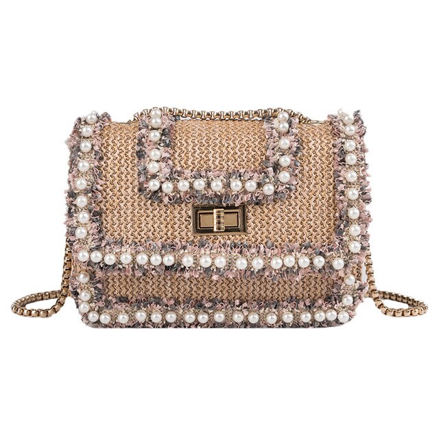 SQUARE WOVEN SLORAL DETAILED SHOULDER BAG