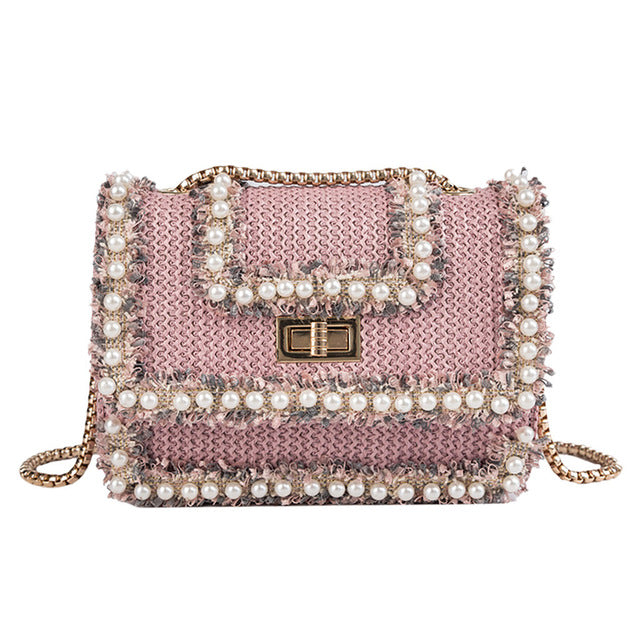 SQUARE WOVEN SLORAL DETAILED SHOULDER BAG