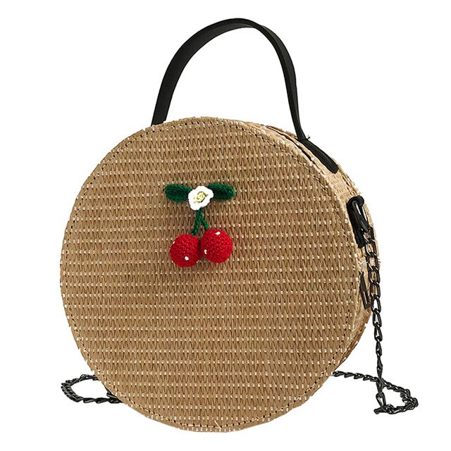 CHERRY DETAILED ROUND STRAW BAG