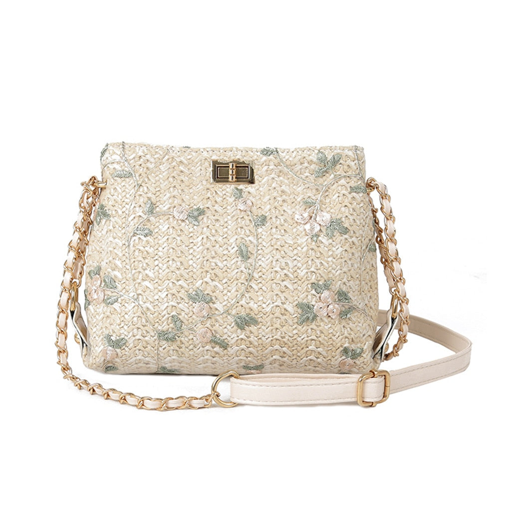 OFF WHITE STRAW EMBROIDERED SHOULDER BAG