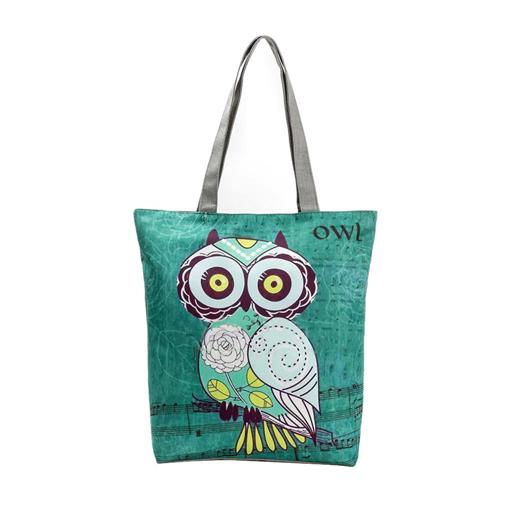 OWL PRINTED GREEN TOTE BAG