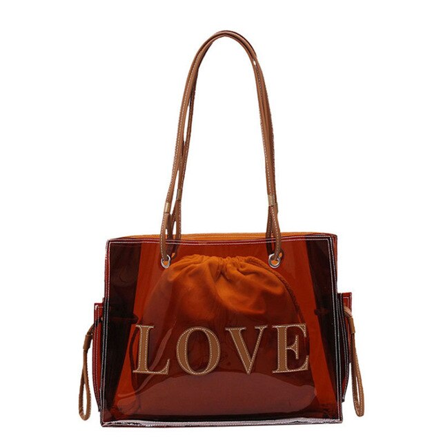 "LOVE" PRINTED ORANGE TRANSPARENT HANDBAG