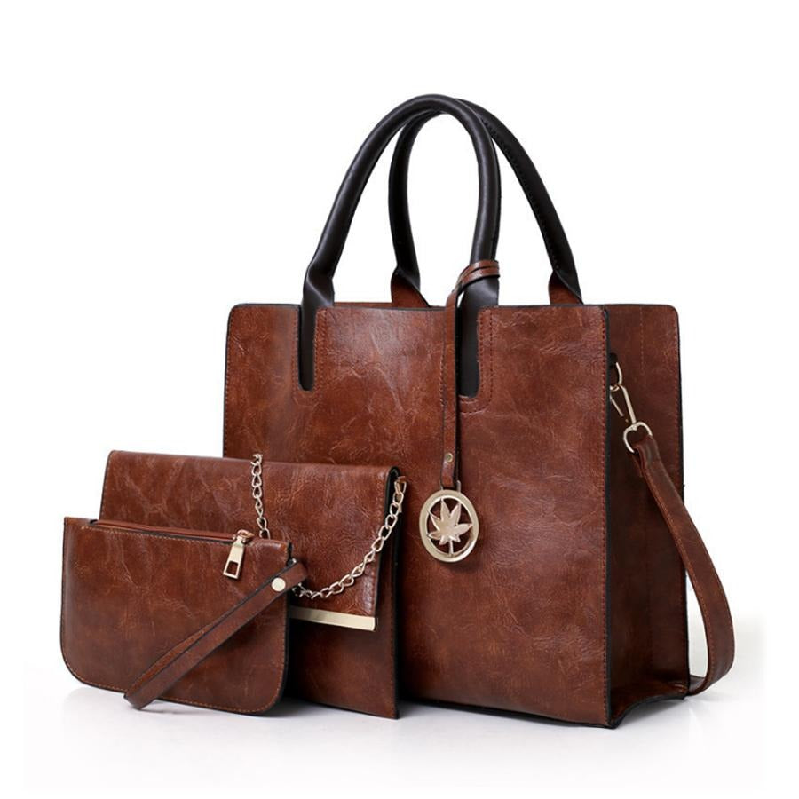 3PCS DARK BROWN PU LEATHER BAG SET