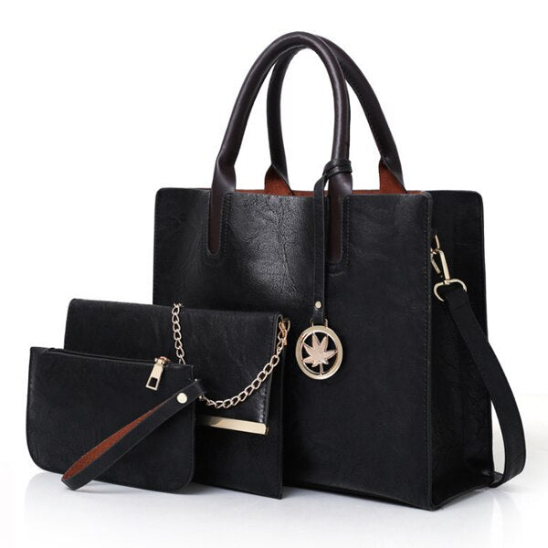 3PCS DARK BROWN PU LEATHER BAG SET